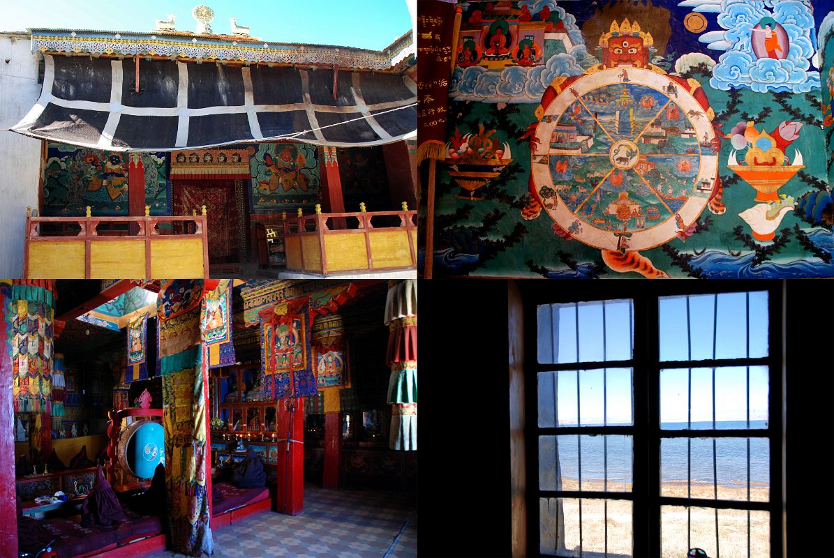 23 Trugo Gompa Entrance Paintings Of Four Guardian Kings And Wheel Of Life, Inside View And Window To Lake Manasarovar The entrance to Trugo Gompa on the south shore of Lake Manasarovar has paintings of the Four Guardian Kings on either side of the entrance doors and a painting of the Wheel Of Life. Monks say their prayers in the main hall with a window looking out to Lake Manasarovar.